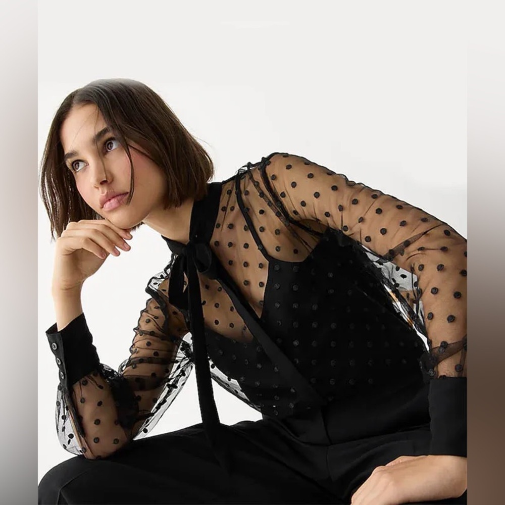 ♣️J Crew Tie-neck Long-sleeve Top in Dotted Tulle in Black, 12 - Picture 3 of 5